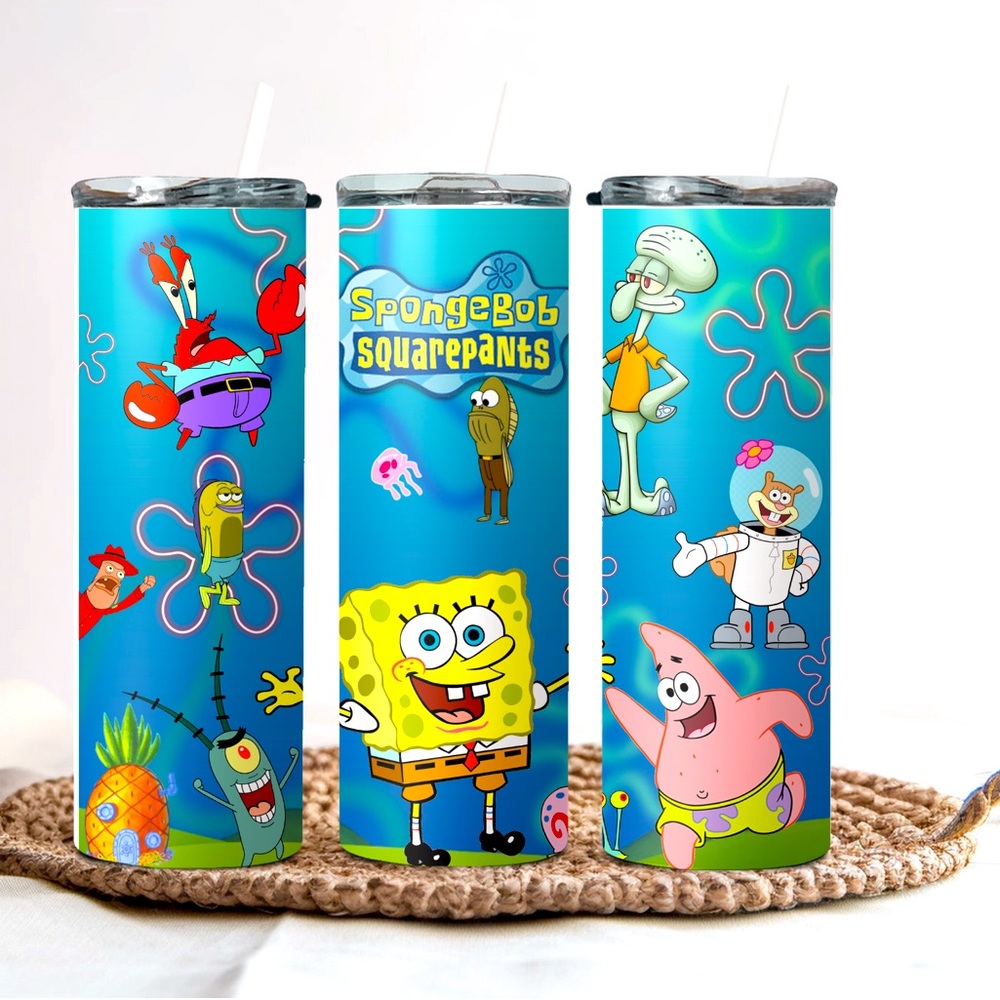 Cartoon sponge inspired 20 oz. stainless steel tumbler with lid and straw